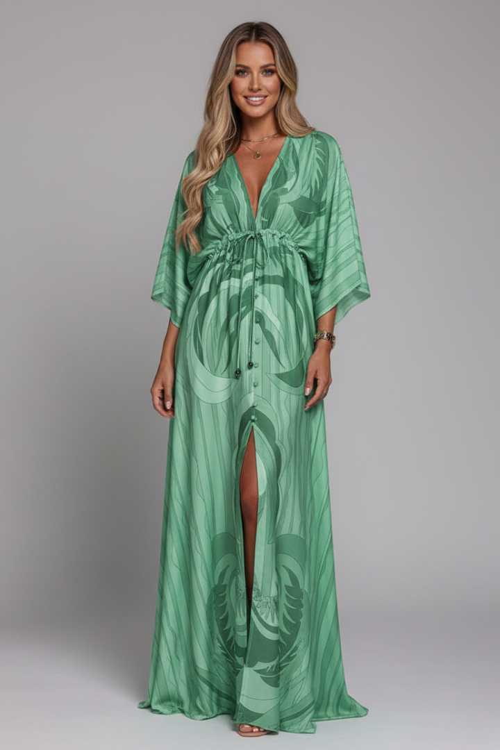 Maxi dress for women | flared printed model with batwing sleeves | beach