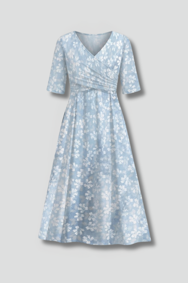 Mid-length dress for women | flowing V-neck style with hidden pockets | office