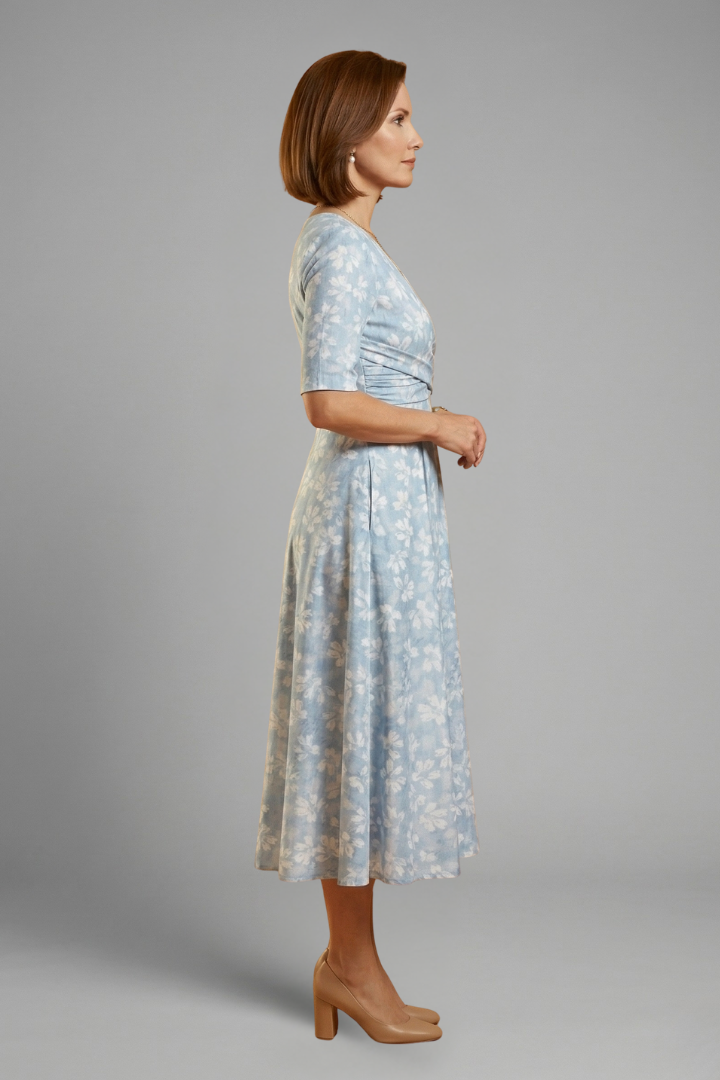 Mid-length dress for women | flowing V-neck style with hidden pockets | office