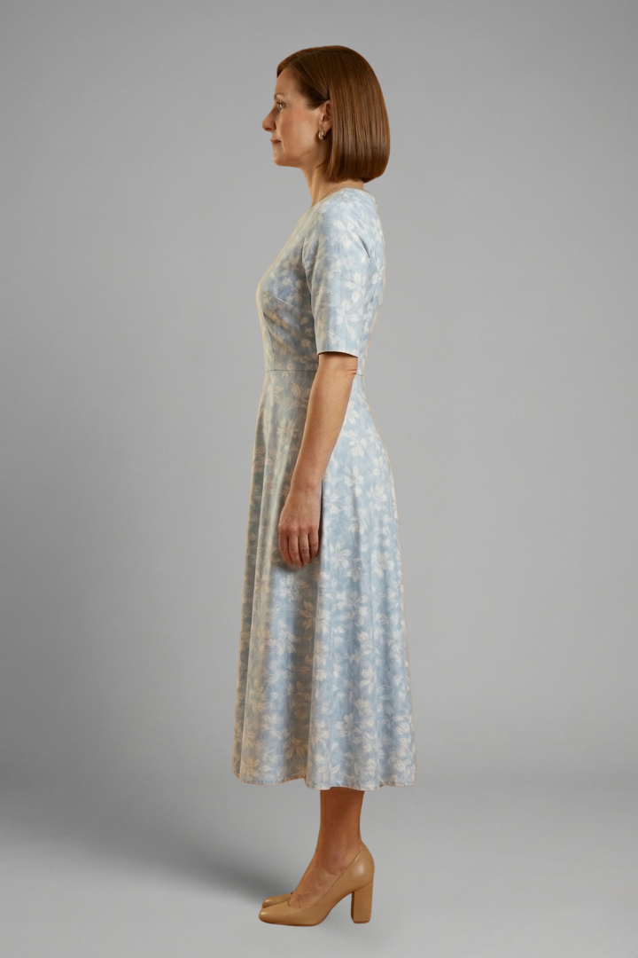 Mid-length dress for women | flowing V-neck style with hidden pockets | office