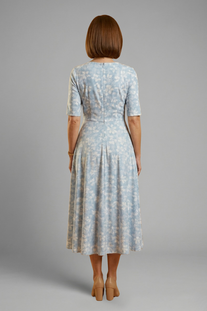 Mid-length dress for women | flowing V-neck style with hidden pockets | office