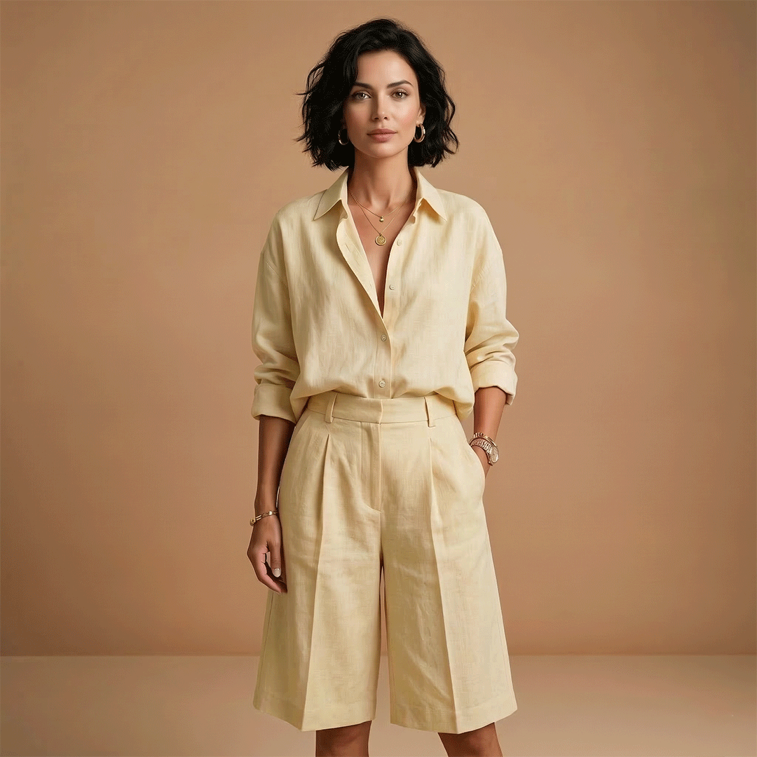 Conjunto de camisa e shorts para mulher — roupa confortável de cintura alta | praia
