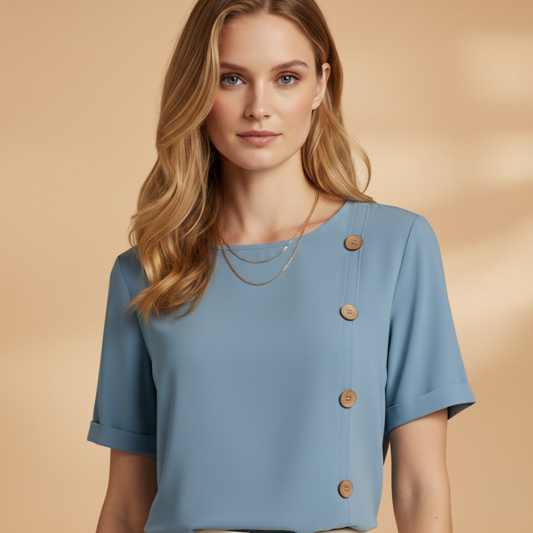 Blusa fluida feminina de mangas curtas — blusa ampla com botões | escritório