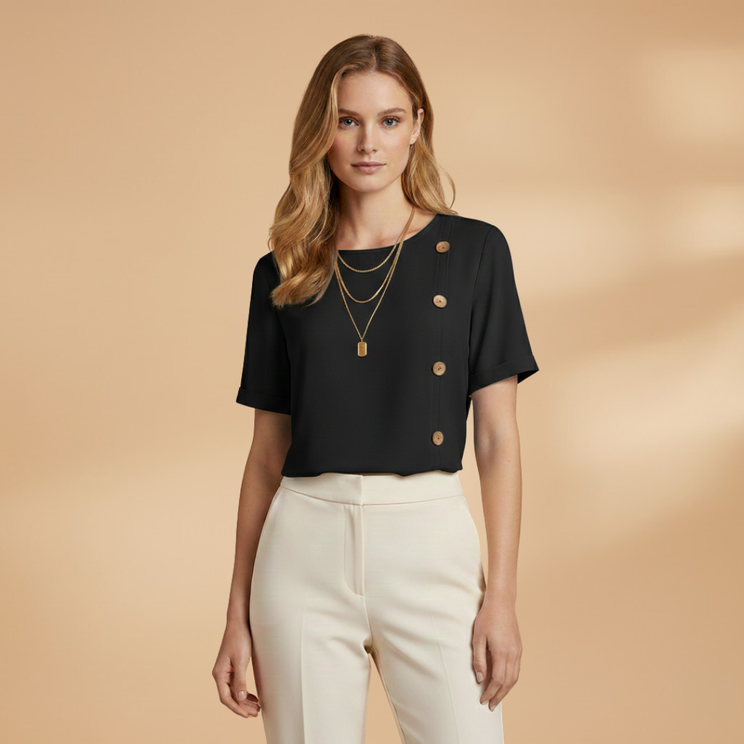 Blusa fluida feminina de mangas curtas — blusa ampla com botões | escritório