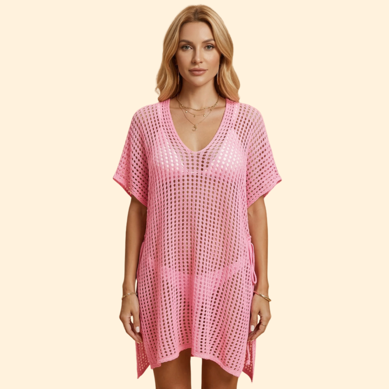 Robe de Plage Saída de Praia Feminina em Tricô Vazado com Decote V Profundo
