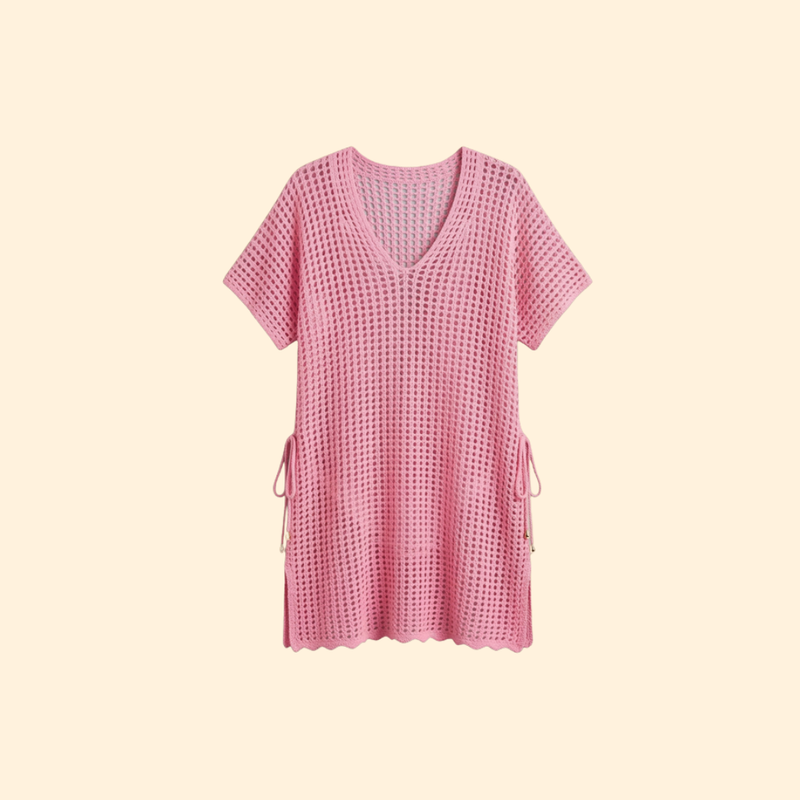 Robe de Plage Saída de Praia Feminina em Tricô Vazado com Decote V Profundo
