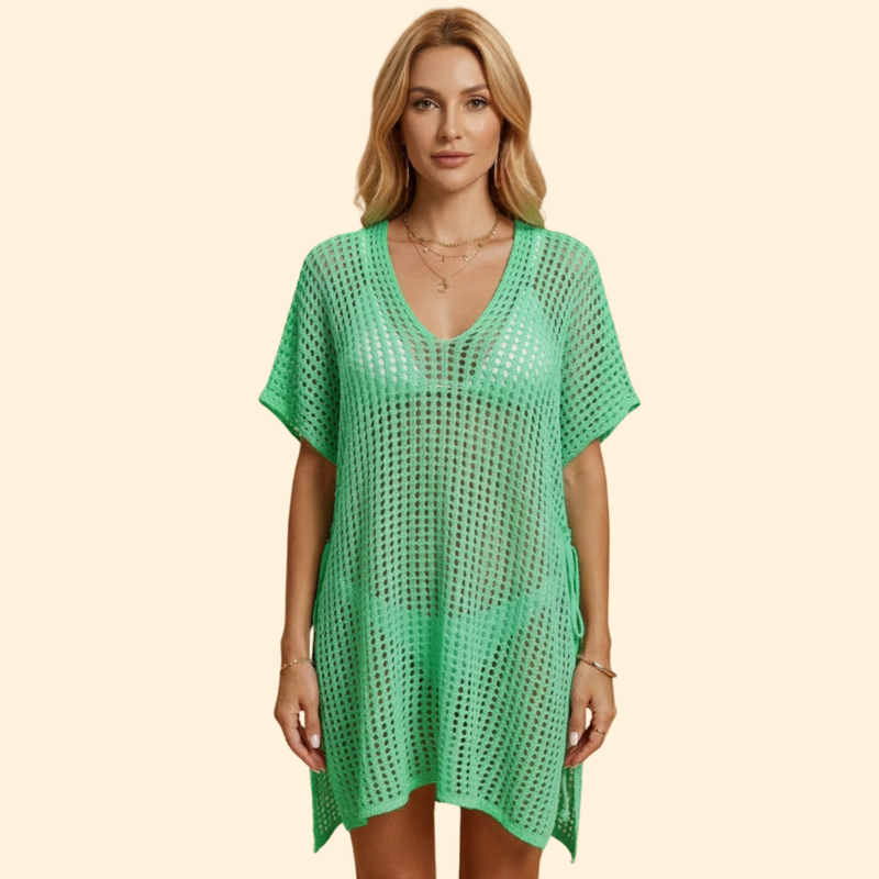 Robe de Plage Women's Beach Cover-Up in Openwork Knit with Deep V-Neck