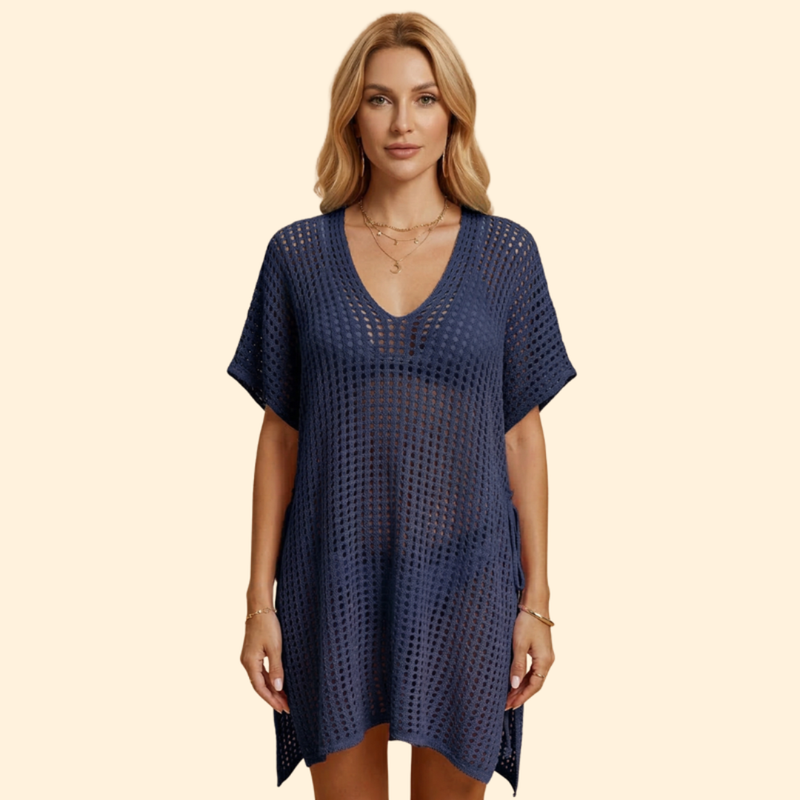 Robe de Plage Saída de Praia Feminina em Tricô Vazado com Decote V Profundo