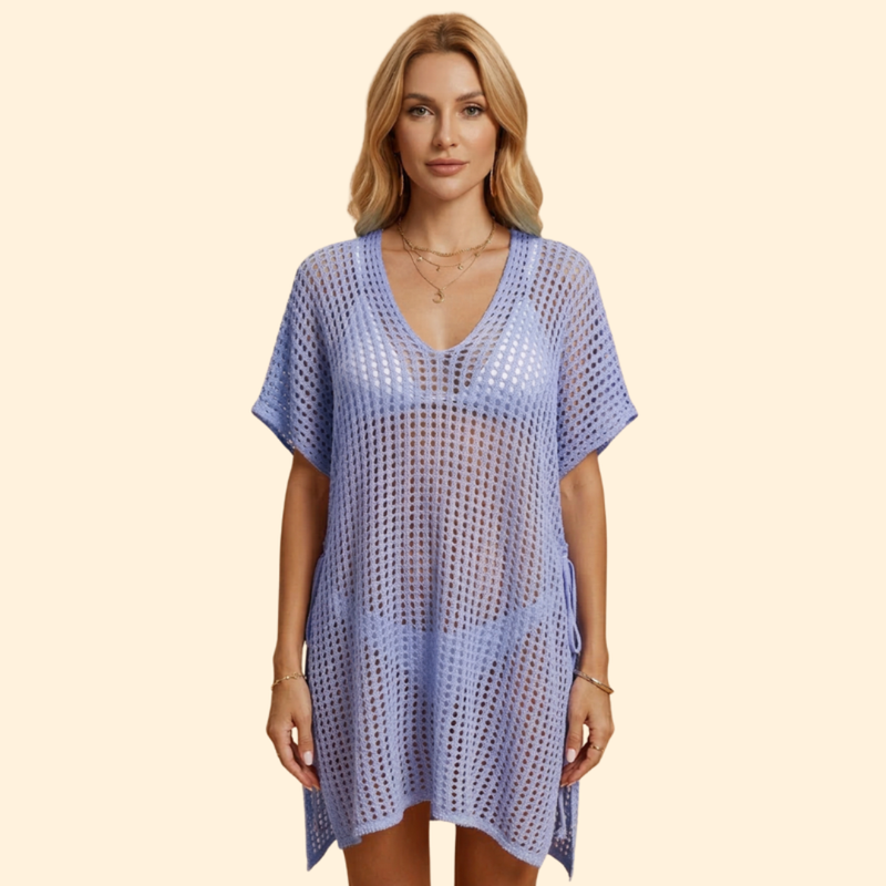 Robe de Plage Saída de Praia Feminina em Tricô Vazado com Decote V Profundo