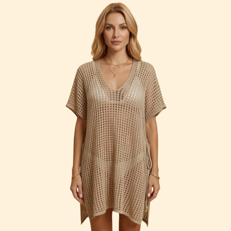 Robe de Plage Saída de Praia Feminina em Tricô Vazado com Decote V Profundo