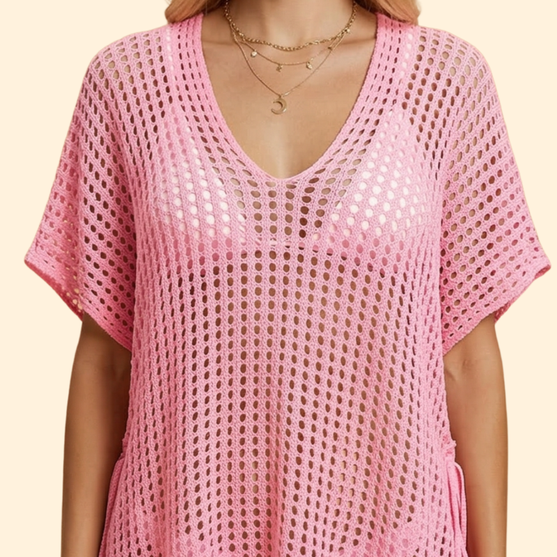 Robe de Plage Women's Beach Cover-Up in Openwork Knit with Deep V-Neck