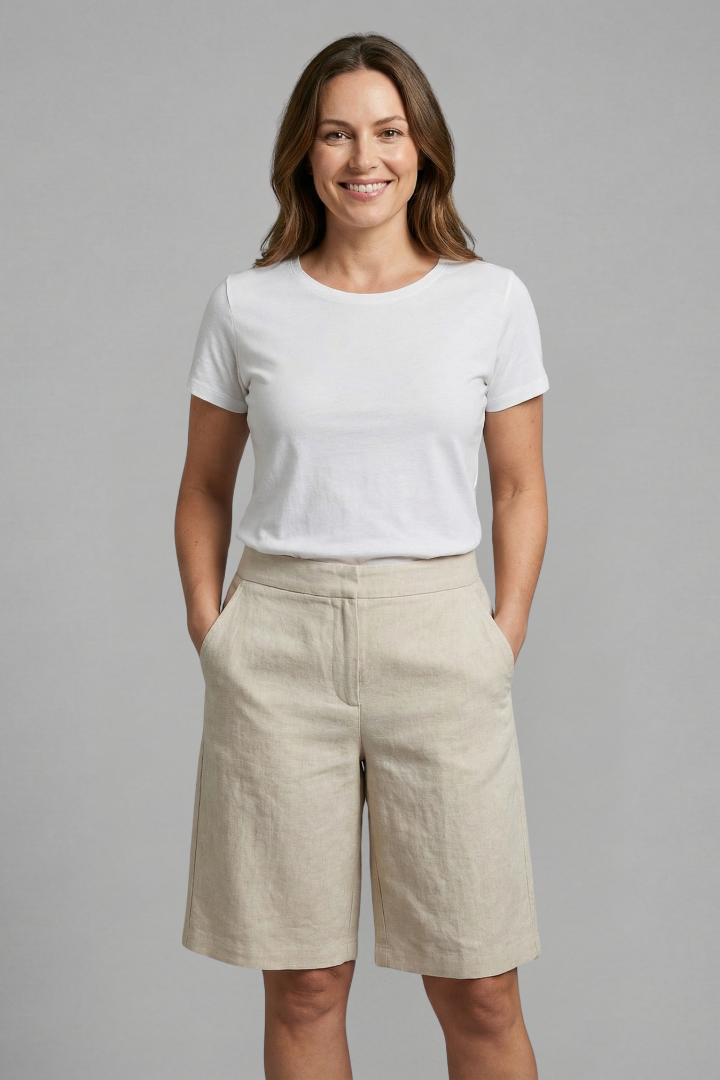 Short linen pants for women | straight bermuda with elastic waistband and pockets | beach