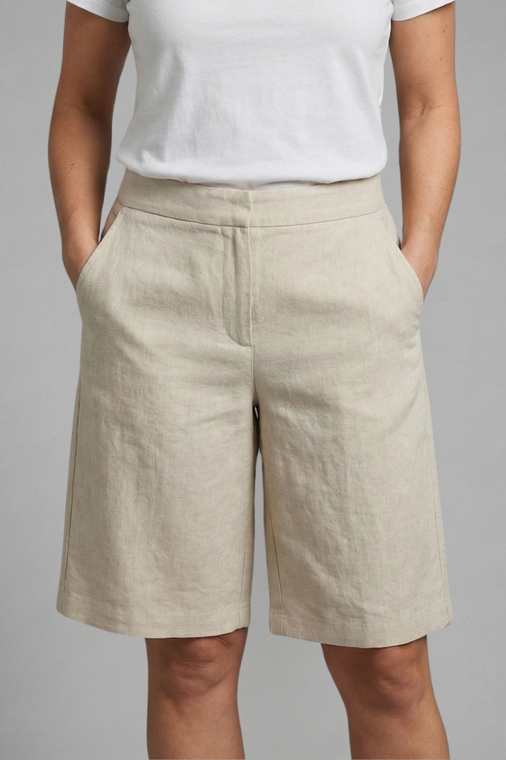 Short linen pants for women | straight bermuda with elastic waistband and pockets | beach
