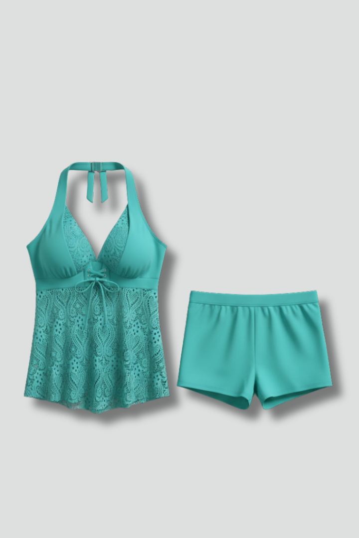 Tankini completo con top svasato in pizzo guipure e shorty da bagno per donna