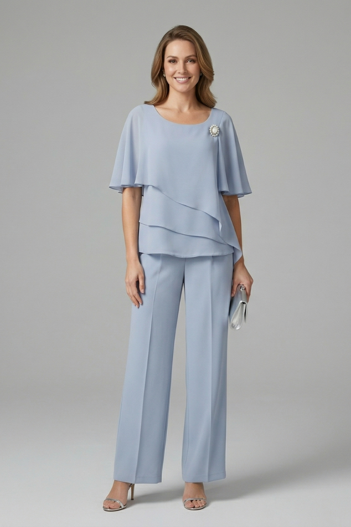 Two-piece women's set | straight pants and layered flowy top | office