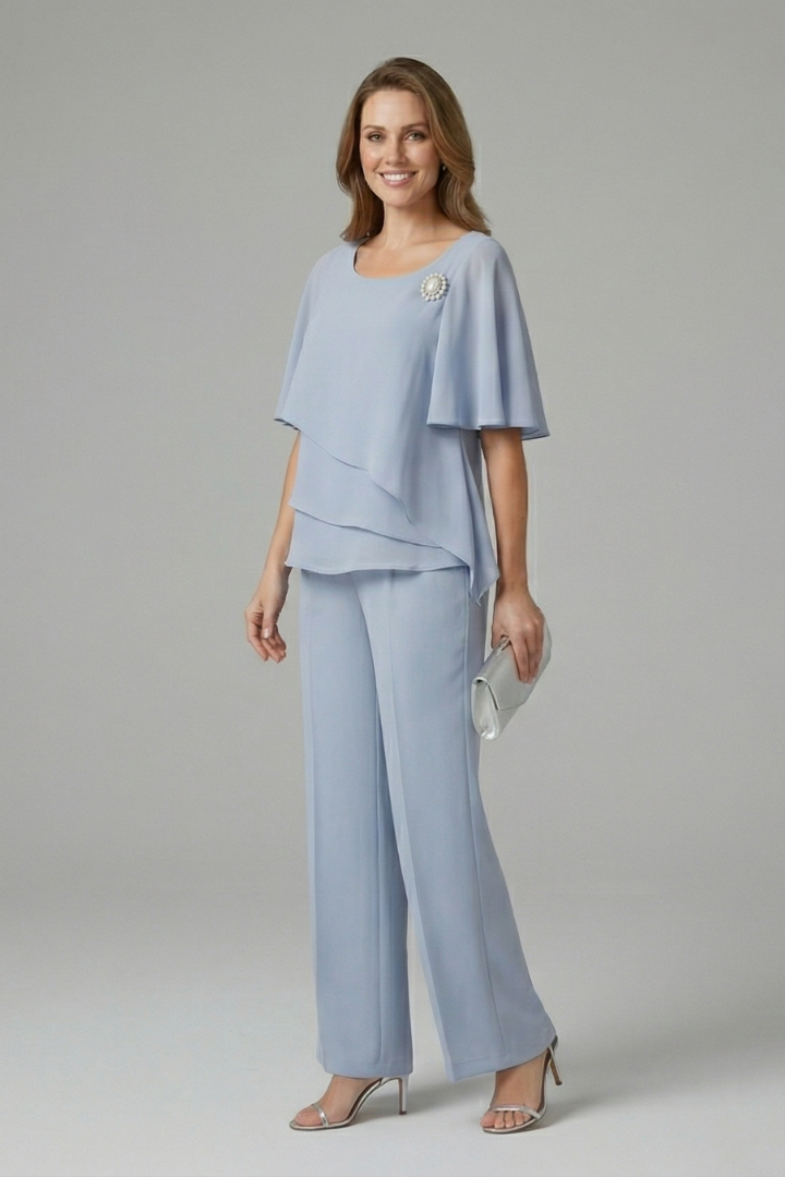 Two-piece women's set | straight pants and layered flowy top | office