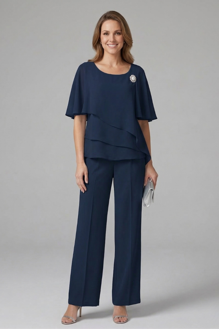 Two-piece women's set | straight pants and layered flowy top | office