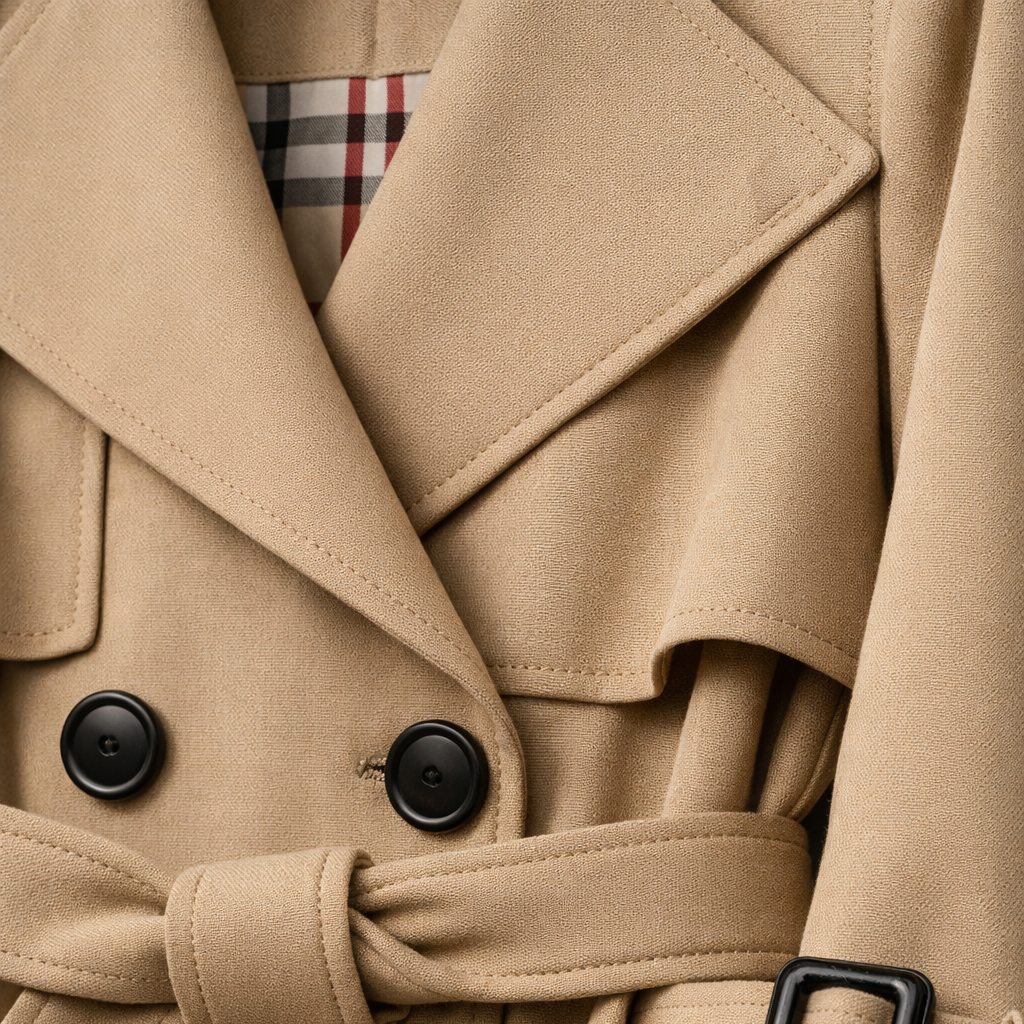 Cappotto trench da donna con cintura regolabile, taglio sartoriale, tasche e maniche regolabili.