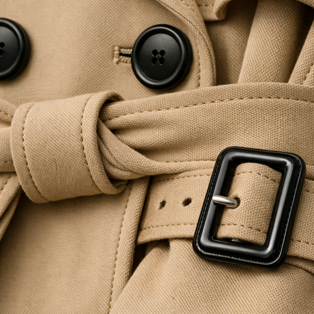 Cappotto trench da donna con cintura regolabile, taglio sartoriale, tasche e maniche regolabili.