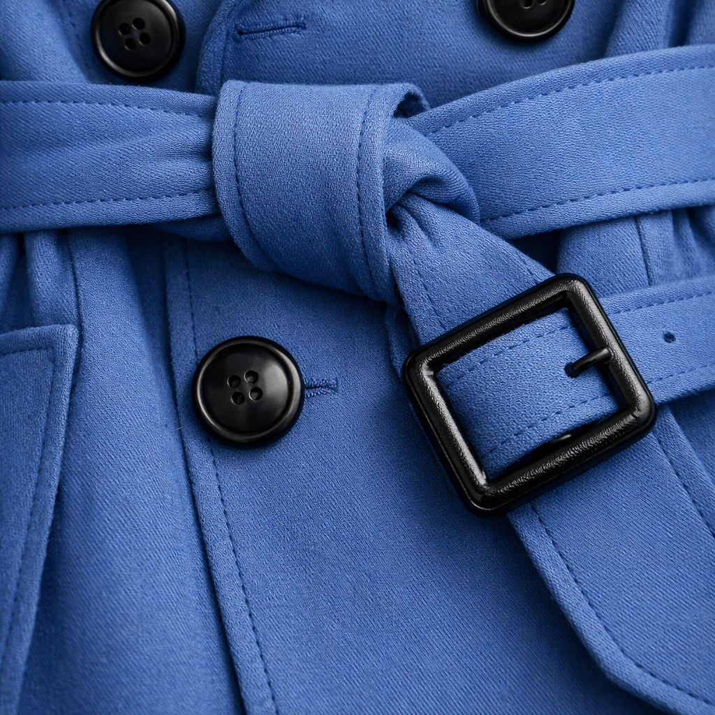 Cappotto trench da donna con cintura regolabile, taglio sartoriale, tasche e maniche regolabili.
