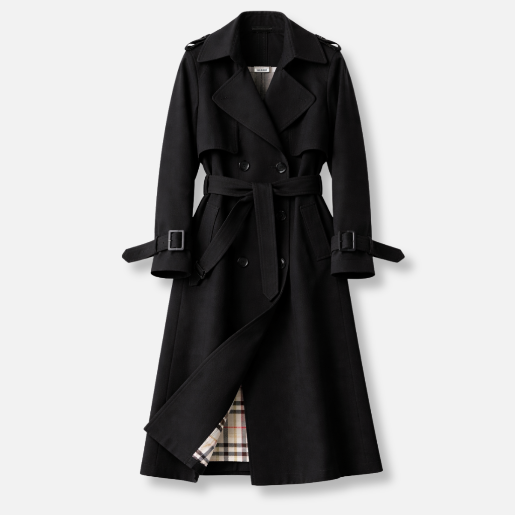 Cappotto trench da donna con cintura regolabile, taglio sartoriale, tasche e maniche regolabili.