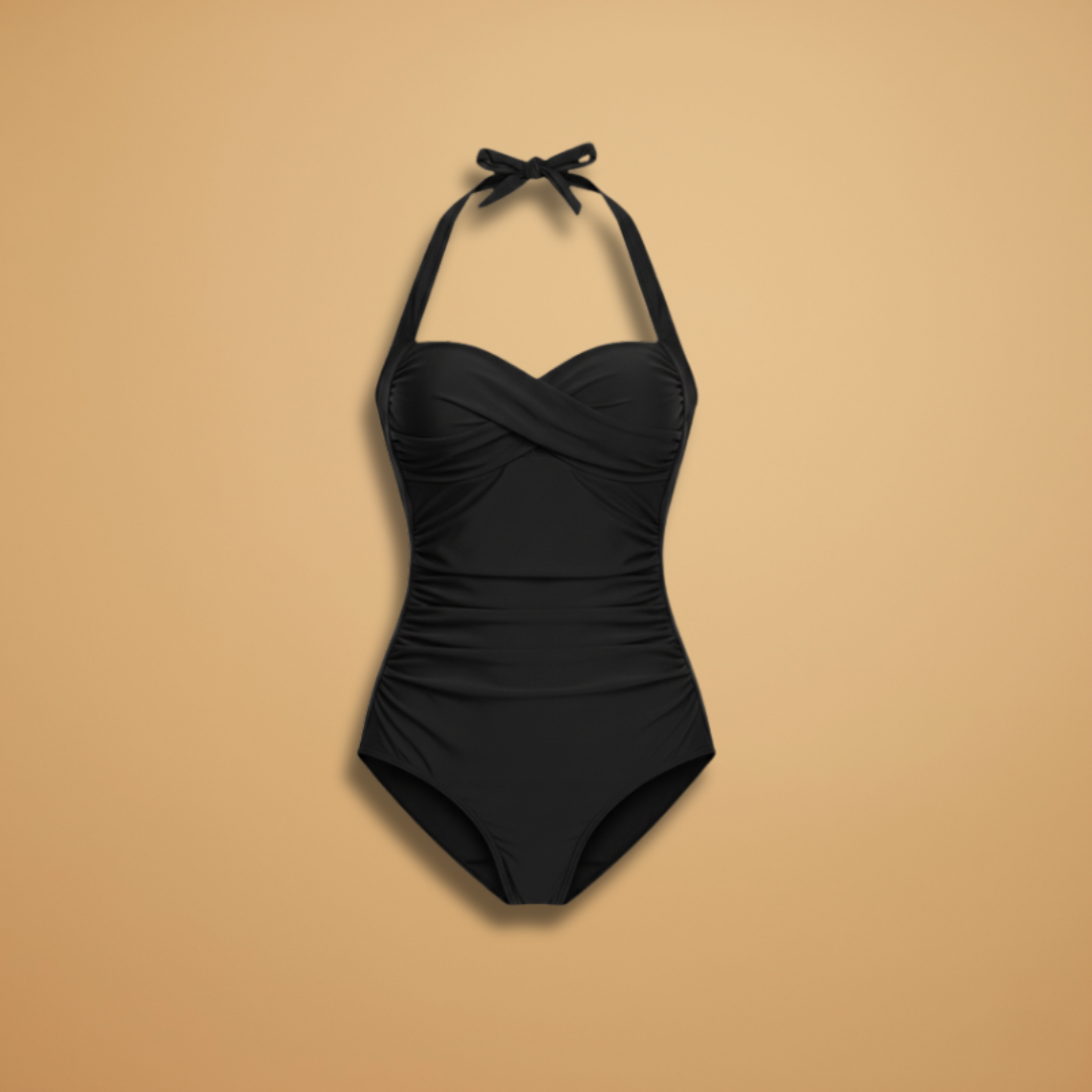 Costume da bagno intero da donna — abbigliamento da spiaggia con schiena scoperta e collo allacciato