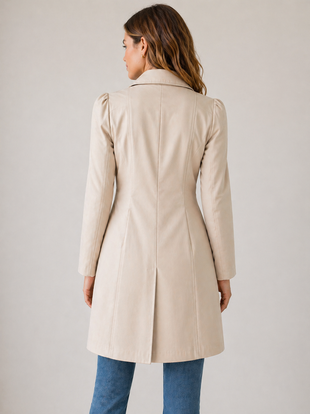 Cappotto trench da donna, corto, con bottoni, taglio aderente, in cotone