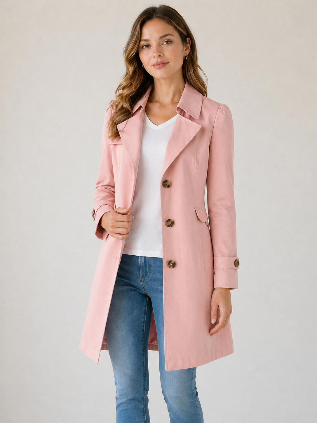 Cappotto trench da donna, corto, con bottoni, taglio aderente, in cotone