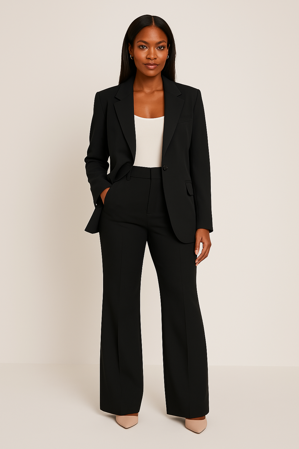 Ensemble tailleur pantalon femme — blazer cintré et pantalon — bureau