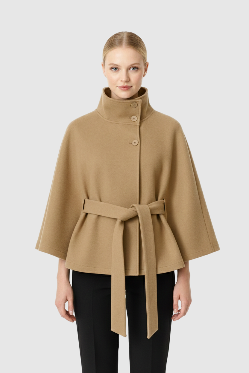 Manteau laine femme col haut élégant avec ceinture amovible coupe décontractée