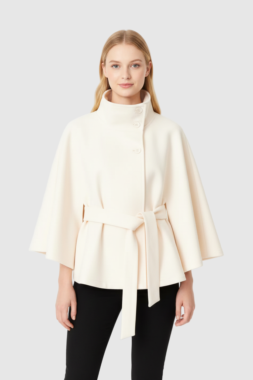 Manteau laine femme col haut élégant avec ceinture amovible coupe décontractée