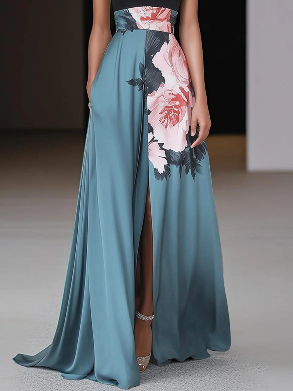 Rochie Lungă Florală Fără Mâneci cu Guler Înalt și Fendă Laterală pentru Femei