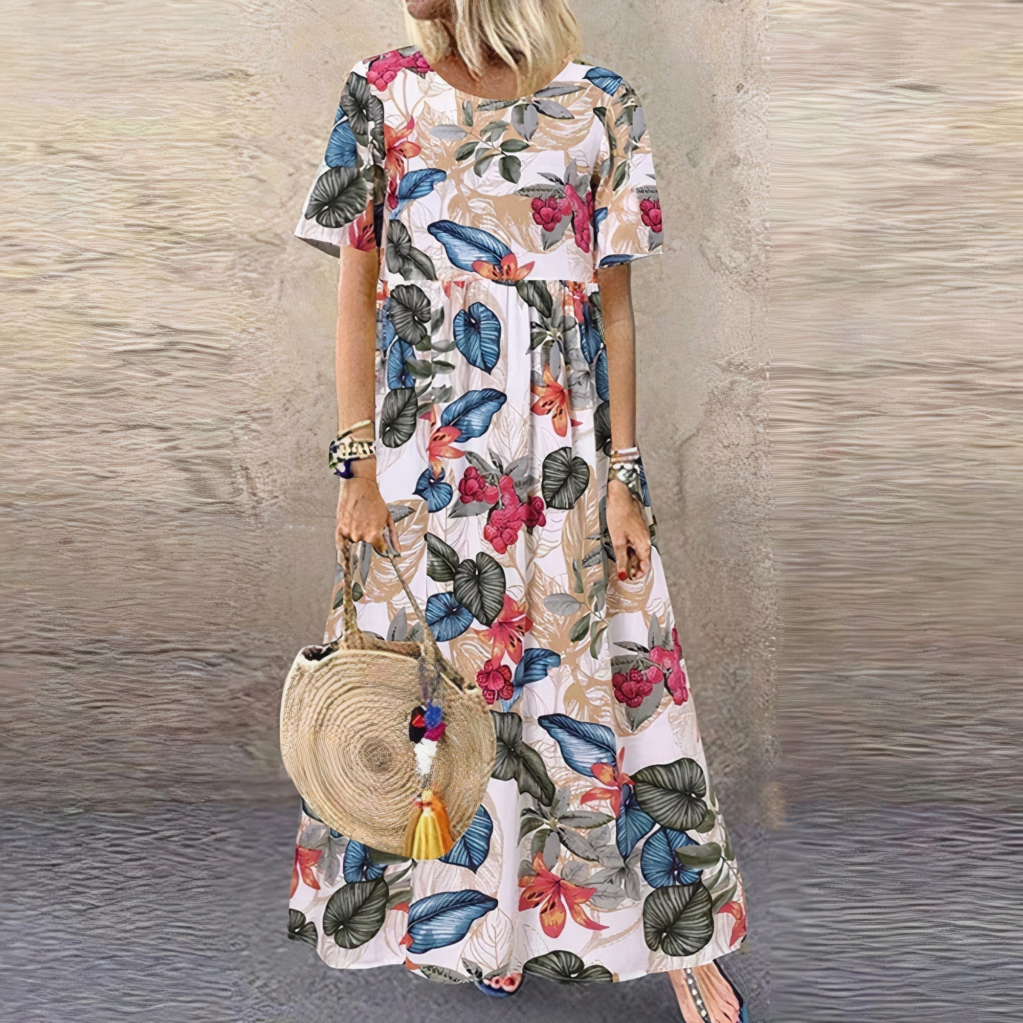 Robe Maxi à Imprimé Floral et Col Rond pour Femme au Style Bohème