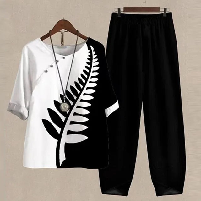 Ensemble Deux Pièces pour Femme avec Haut à Imprimé Floral et Pantalon à Taille Haute