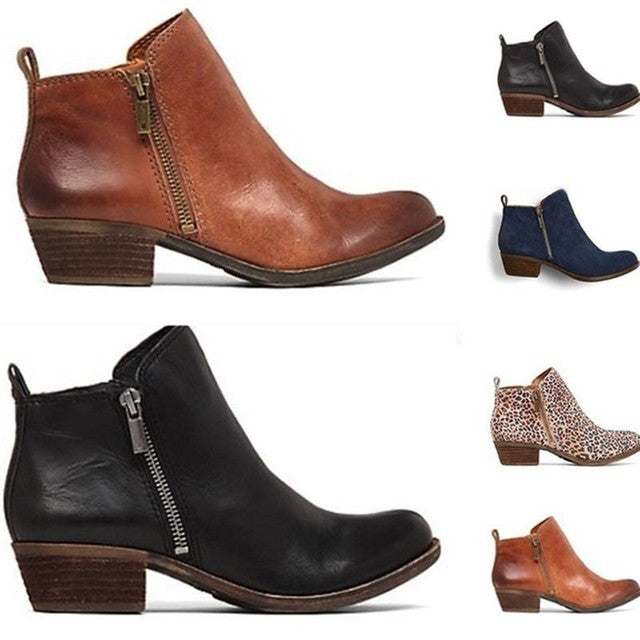 Bottines en Similicuir avec Talon Carré Moyen et Fermeture Éclair pour Femme