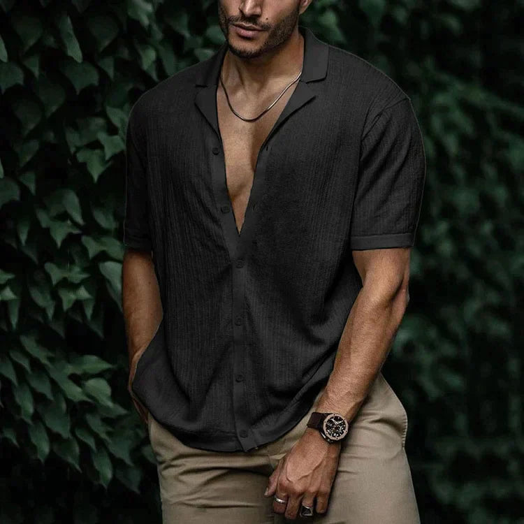 Camicia Uomo in Maglia Goffrata con Collo Cubano e Maniche Corte