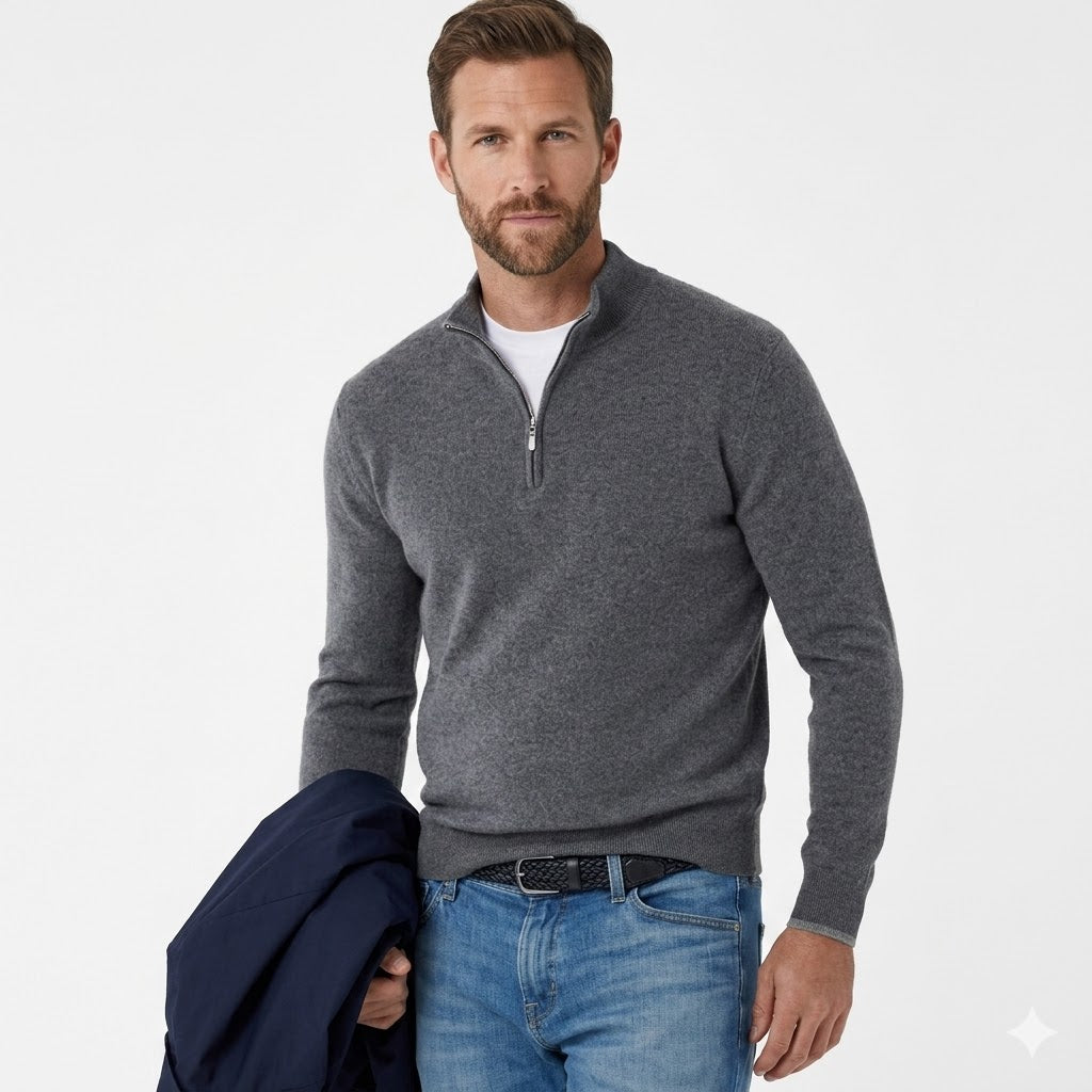 Herre-pullover med halvhøj lynlås, afslappet kontorstil, blød strik og moderne, tætsiddende pasform