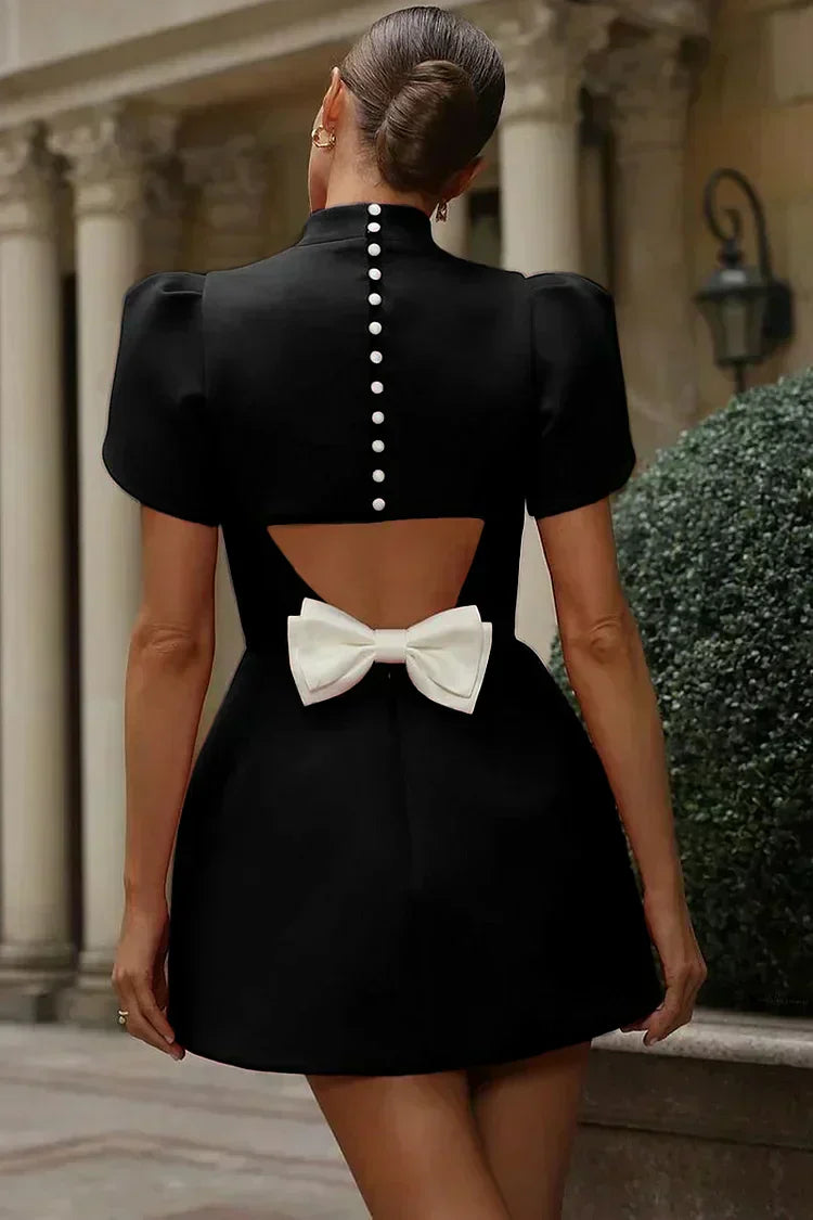 Robe Courte Évasée à Manches Bouffantes et Col Rond pour Femme