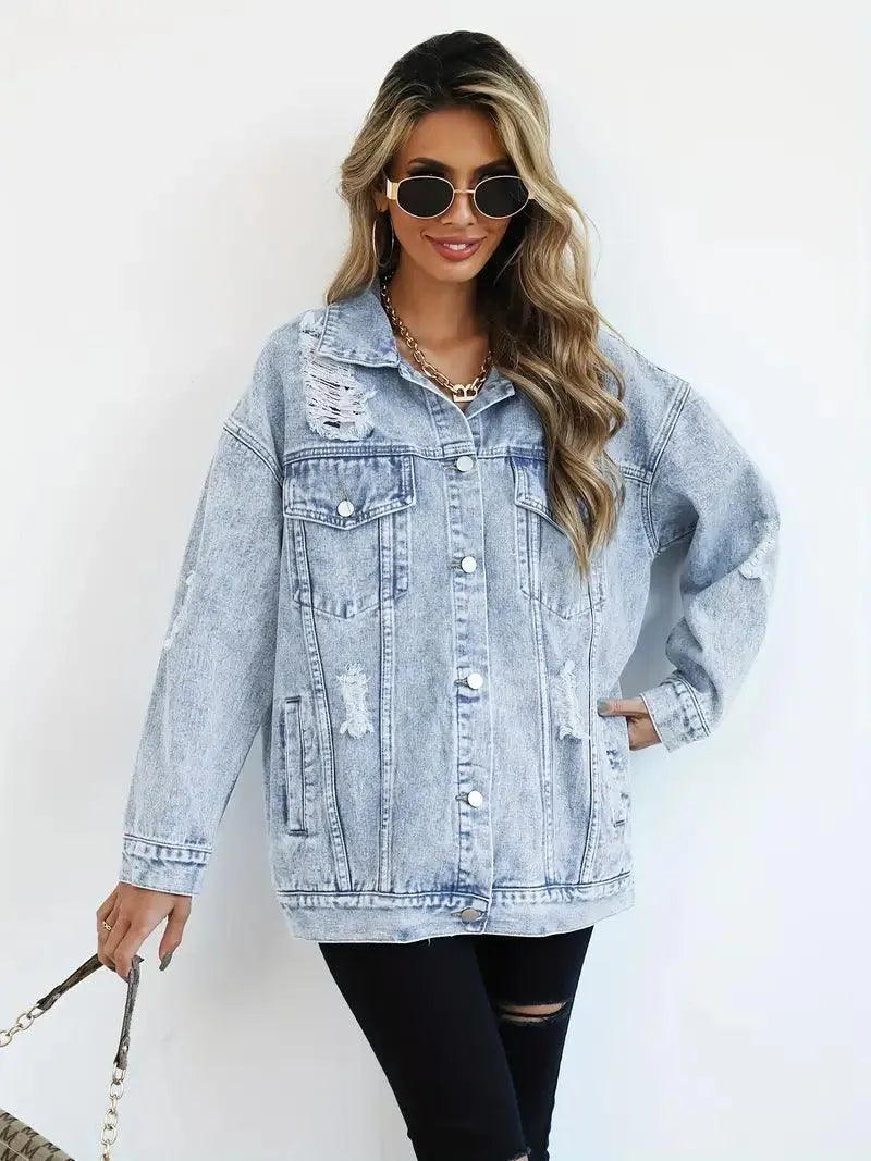 Veste en Jean Oversize à Manches Longues et Boutons pour Femme