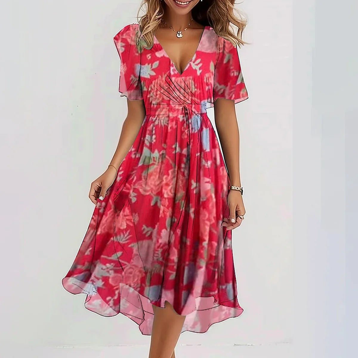 Robe Longue Évasée à Imprimé Floral avec Col en V et Manches Courtes pour Femme