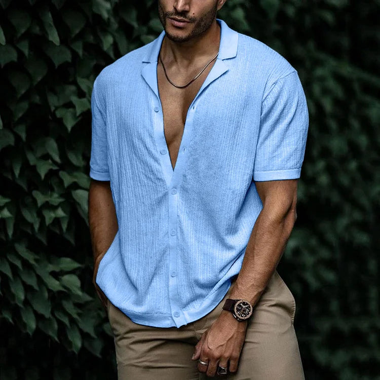 Camicia Uomo in Maglia Goffrata con Collo Cubano e Maniche Corte