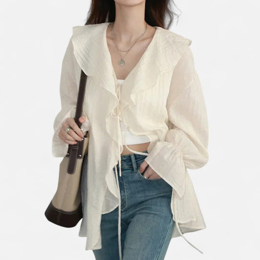 Velclairemode | Blouse Décontractée Femme à Volants Raffinés – Col V Lacé, Élégance Spontanée