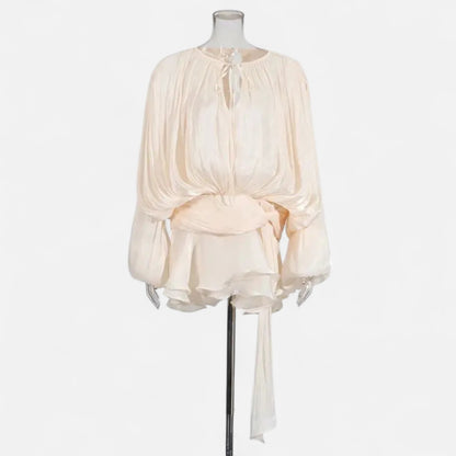 Velclairemode | Robe-Chemise Mini Femme Unie – Col V, Manches Longues, Détail Lacé & Design Structuré