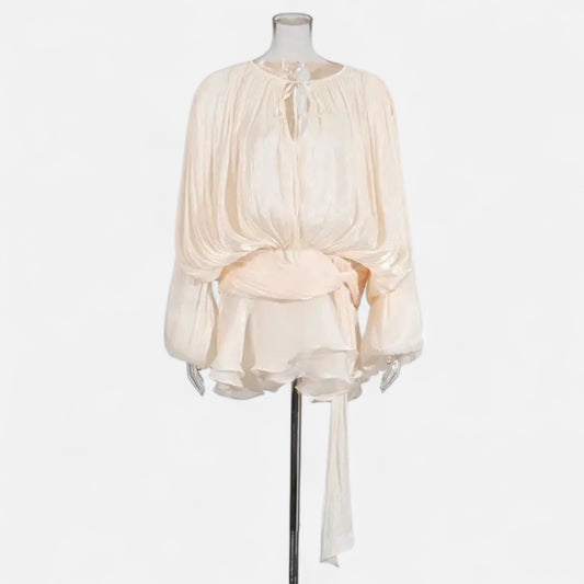 Velclairemode | Robe-Chemise Mini Femme Unie – Col V, Manches Longues, Détail Lacé & Design Structuré