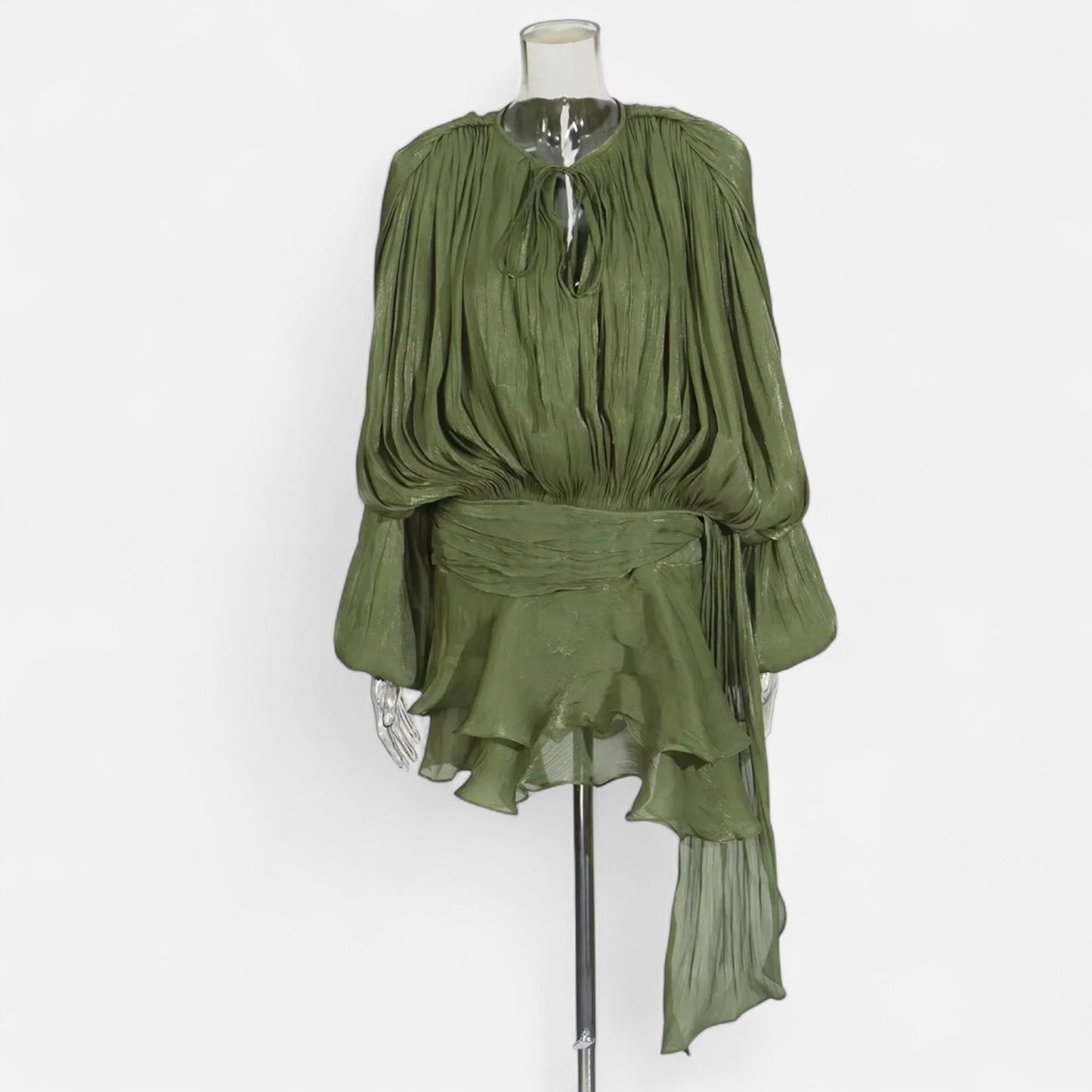 Velclairemode | Robe-Chemise Mini Femme Unie – Col V, Manches Longues, Détail Lacé & Design Structuré
