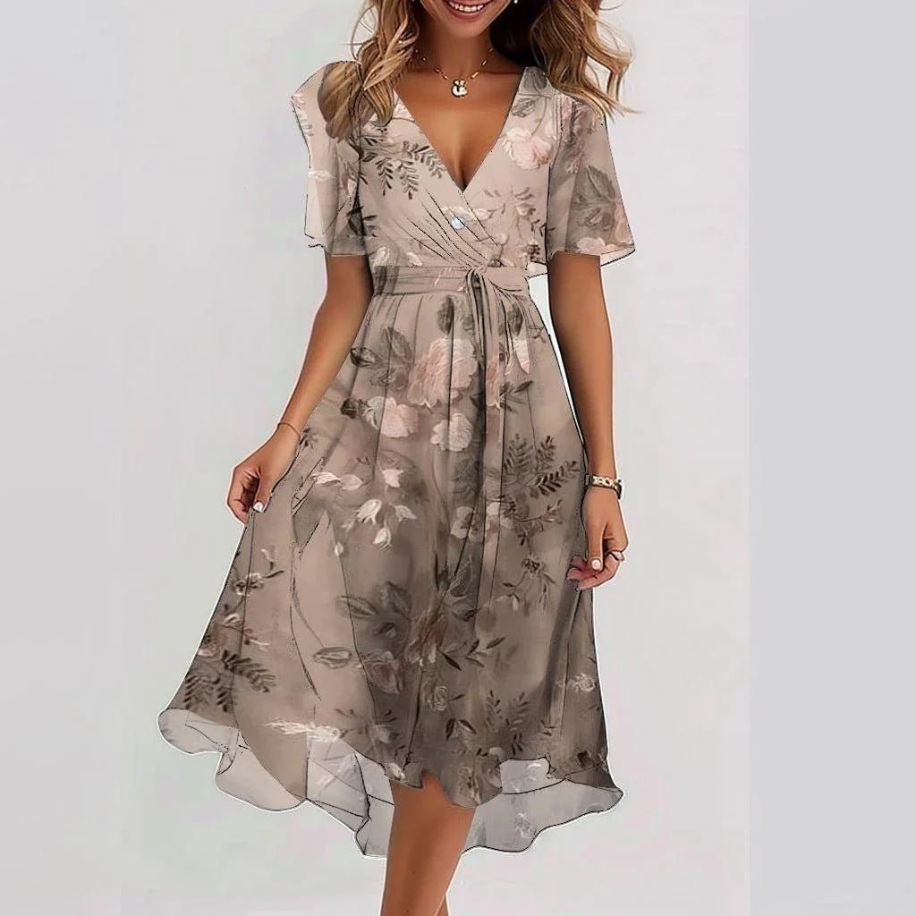 Robe Longue Évasée à Imprimé Floral avec Col en V et Manches Courtes pour Femme