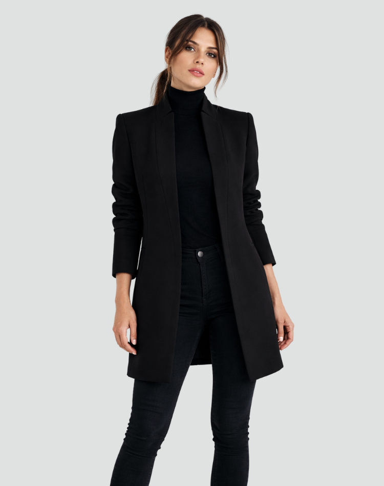 Abrigo largo de mujer para oficina, cálido, elegante, clásico, con cuello redondo, forrado y con bolsillos.