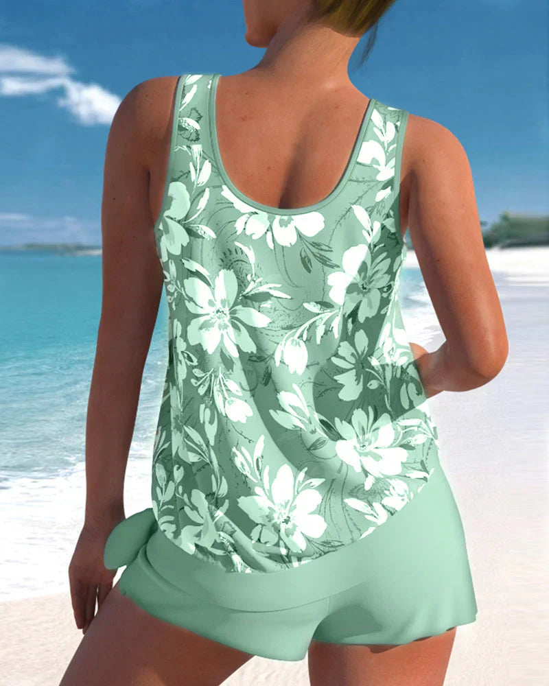 Completo Tankini con Stampa Floreale con Shorty da Bagno e Top senza Maniche