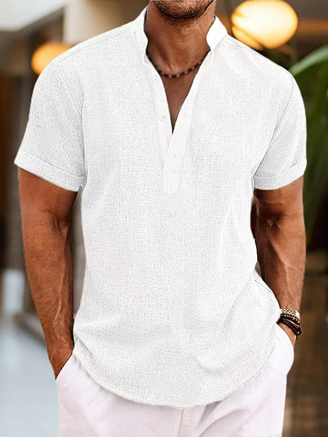 Chemise homme lin et coton col Henley manches courtes respirante