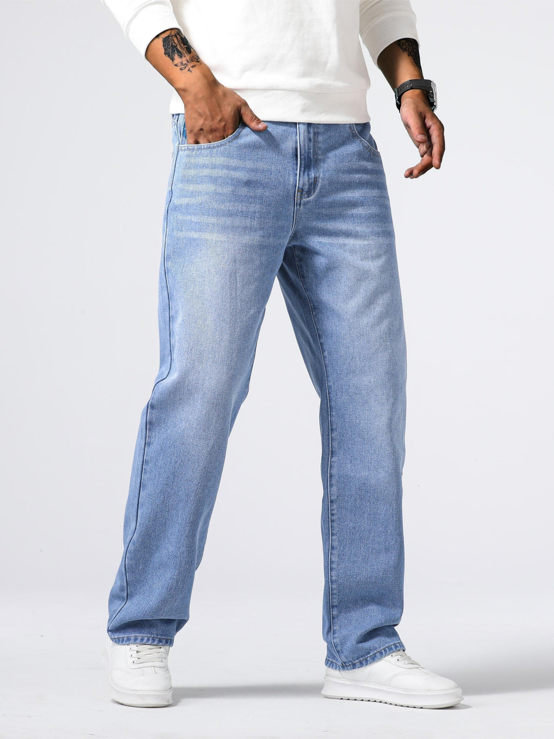 Jeans masculino de corte reto, para o dia a dia, com efeito desbotado e estilo casual atemporal